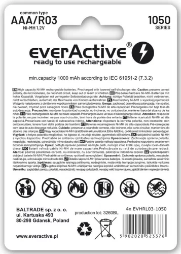 4x rechargeable everActive R03/AAA Ni-MH 1050 mAh prêt à l'emploi