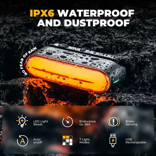 ROCKBROS 24120009001 feu arrière de vélo avec capteur de freinage, fixation magnétique, 7 modes d’éclairage, rechargeable par USB, étanchéité IPX6