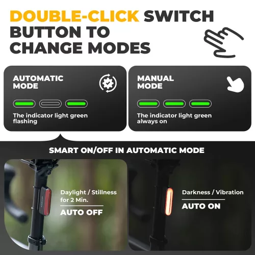 ROCKBROS 24120009001 feu arrière de vélo avec capteur de freinage, fixation magnétique, 7 modes d’éclairage, rechargeable par USB, étanchéité IPX6