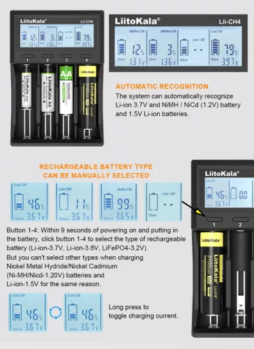 Chargeur LiitoKala Lii CH4 pour batteries 1,2 et 1,5 et 3,6 V 
