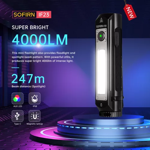 Sofirn IF23 lampe torche 4000lm Puissante XHP50B LED Lumière 21700 Type C lampe torche rechargeable et Lampe frontale Faisceau RGB