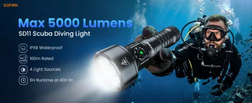 Lampe de plongée Sofirn SD11, 5000LM, IRC 90, lampe de poche étanche rechargeable avec lumière rouge 660NM, 3000K-6500K, USB-C, IPX8, avec support 1/4", dragonne, pour la photographie sous-marine, la pêche, les travaux aquatiques