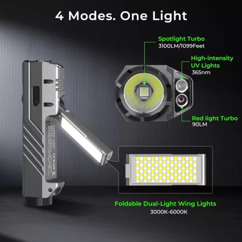 Lampe torche EDC Wurkkos HD05 4-en-1 – 3100 lm, 335 m, UV, lumière rouge, éclairage latéral rotatif