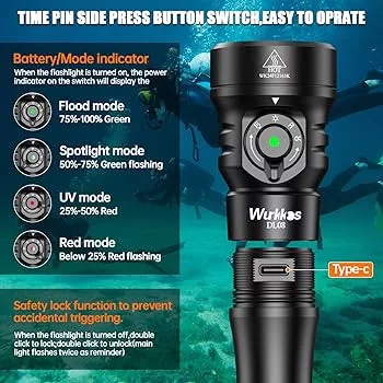 Wurkkos DL08 3600lm Lampe de Plongée Rechargeable avec Interrupteur Magnétique Rotatif 6500K Lampe Sous-Marine IP68